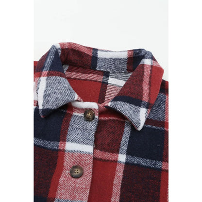 Red Plaid Print Buttoned Shirt Jacket | Fashionfitz