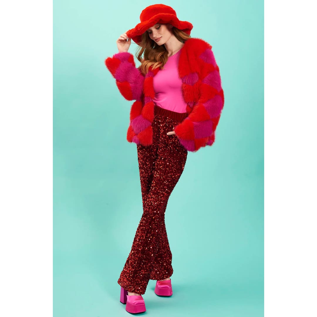 Red Sequin Flared Trousers | Buy Me Fur Ltd