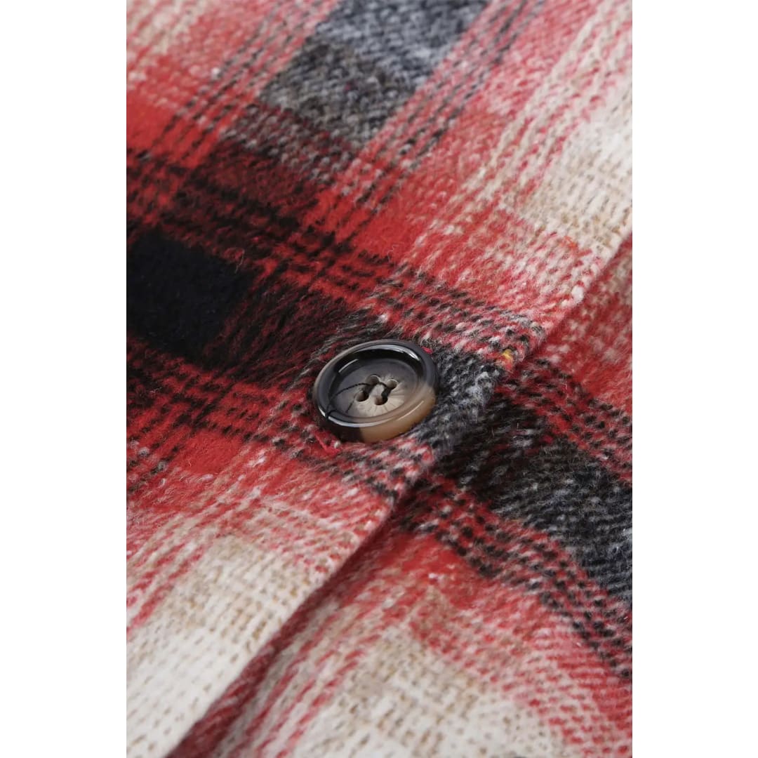 Red Turn down Neck Plaid Pocket Button Closure Coat | Fashionfitz