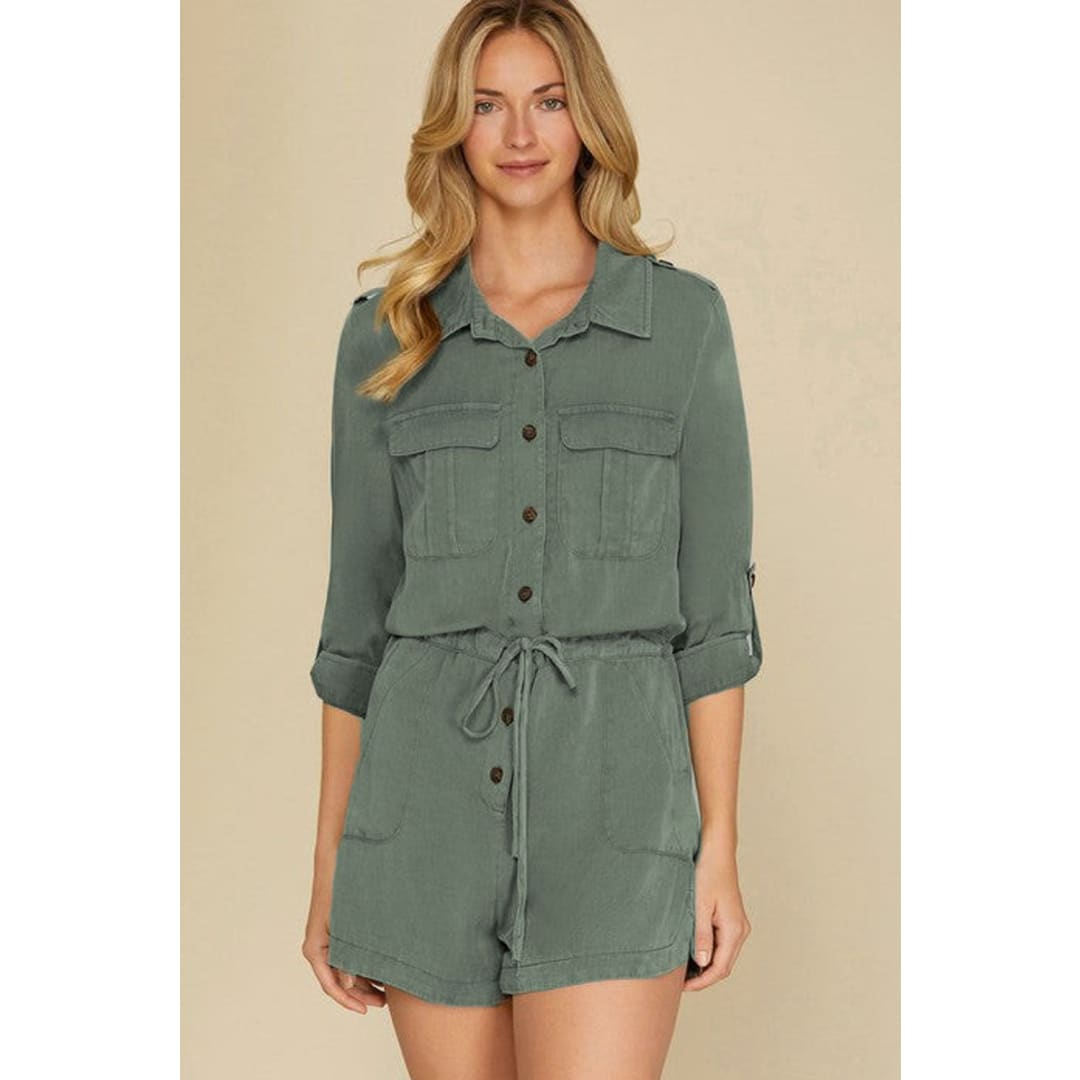 Reese Roll up Sleeve Flap Pockets Drawstring Romper | Threaded Pear