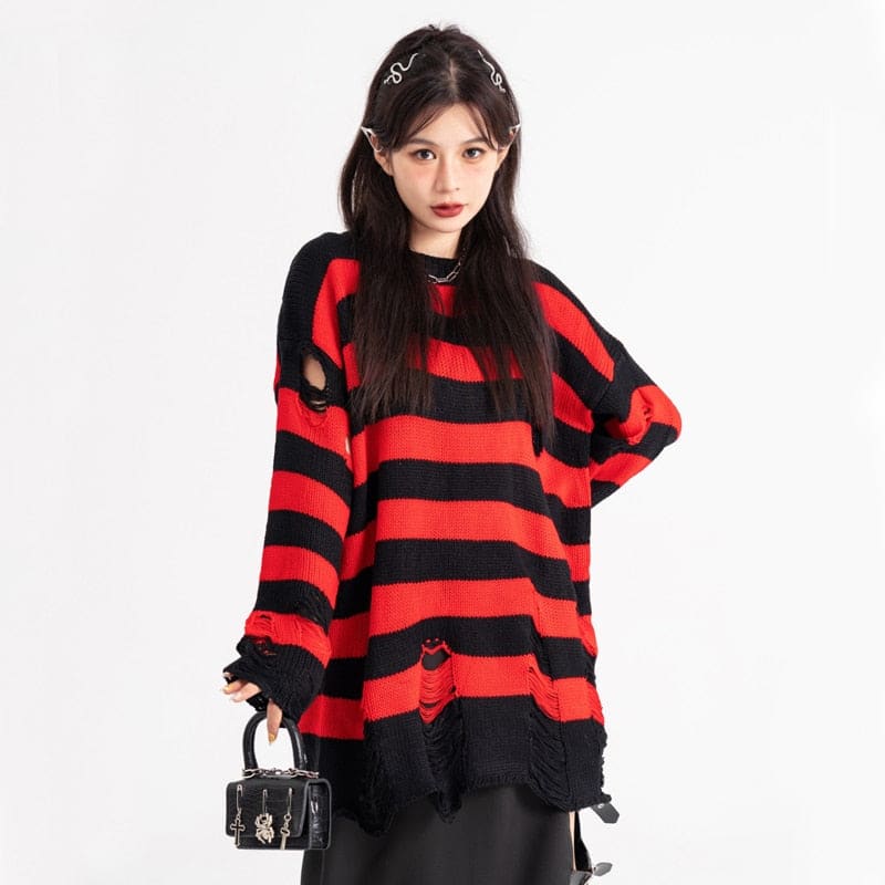 RhythmStreet: Black Red Striped Destroyed Y2K Sweater | The Urban Clothing Shop™