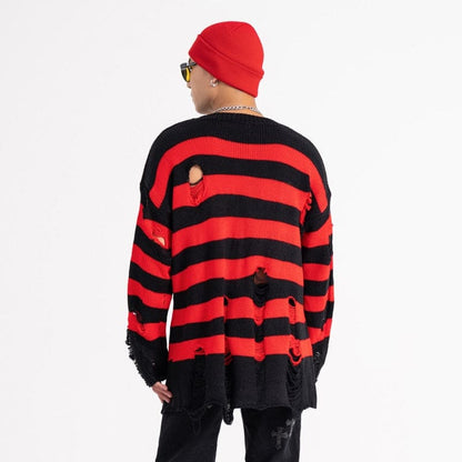 RhythmStreet: Black Red Striped Destroyed Y2K Sweater | The Urban Clothing Shop™