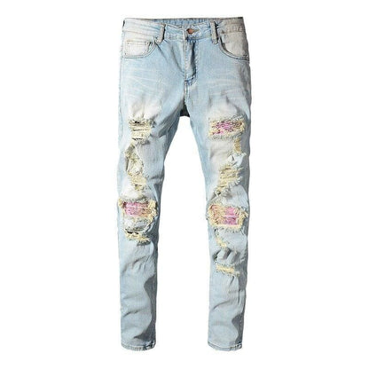 Ripped Paisley Printed Light Blue Biker Jeans | The Urban Clothing Shop™