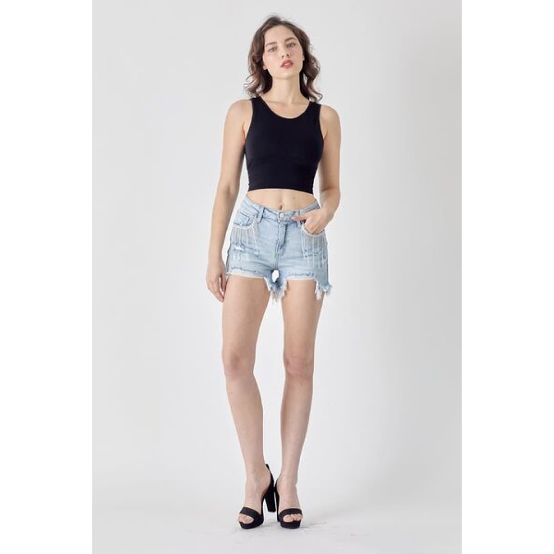 RISEN Frayed Hem Denim Shorts with Fringe Detail Pockets | The Urban Clothing Shop™