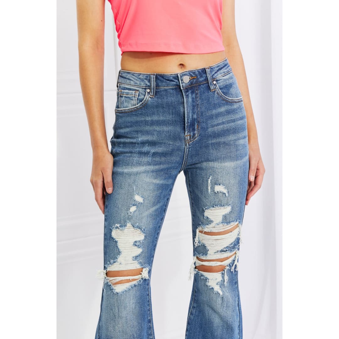 RISEN Full Size Hazel High Rise Distressed Flare Jeans | The Urban Clothing Shop™