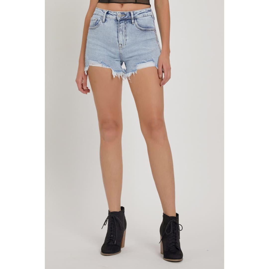 RISEN Full Size High Rise Rhinestone Strap Embellished Denim Shorts | The Urban Clothing