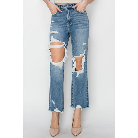 RISEN High Rise Distressed Crop Straight Jeans | The Urban Clothing Shop™