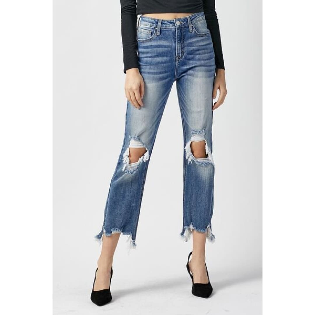 RISEN High Waist Distressed Frayed Hem Cropped Straight Jeans | The Urban Clothing Shop™
