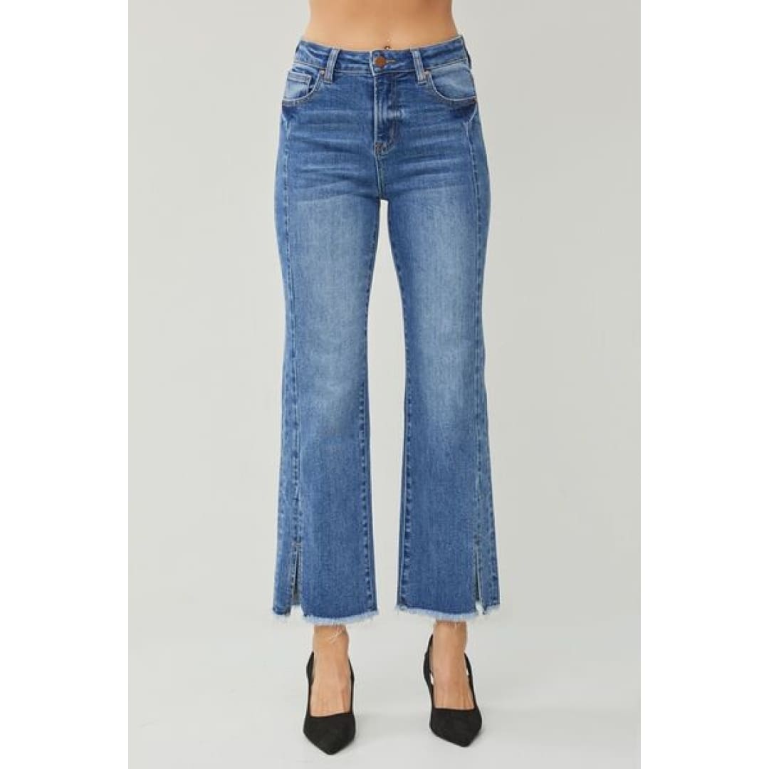 RISEN High Waist Raw Hem Slit Straight Jeans | The Urban Clothing Shop™