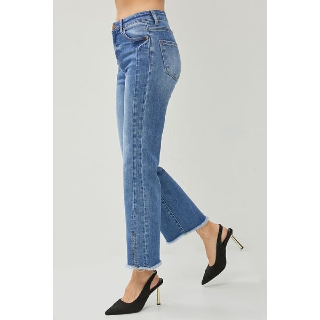 RISEN High Waist Raw Hem Slit Straight Jeans | The Urban Clothing Shop™