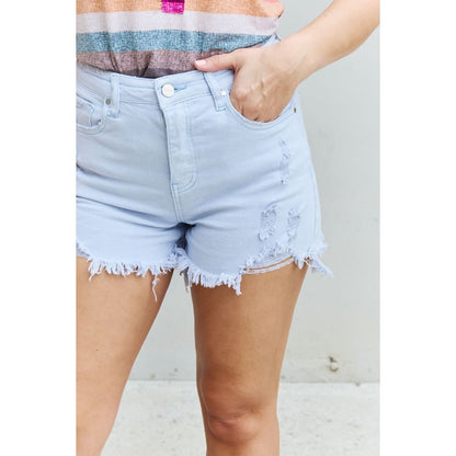 RISEN Katie Full Size High Waisted Distressed Shorts in Ice Blue | The Urban Clothing