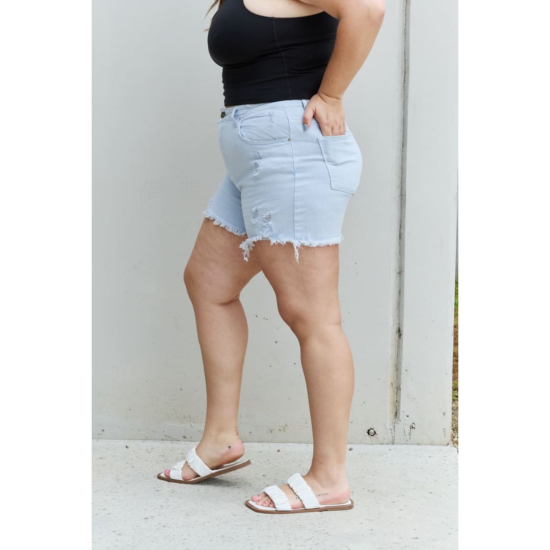 RISEN Katie Full Size High Waisted Distressed Shorts in Ice Blue | The Urban Clothing