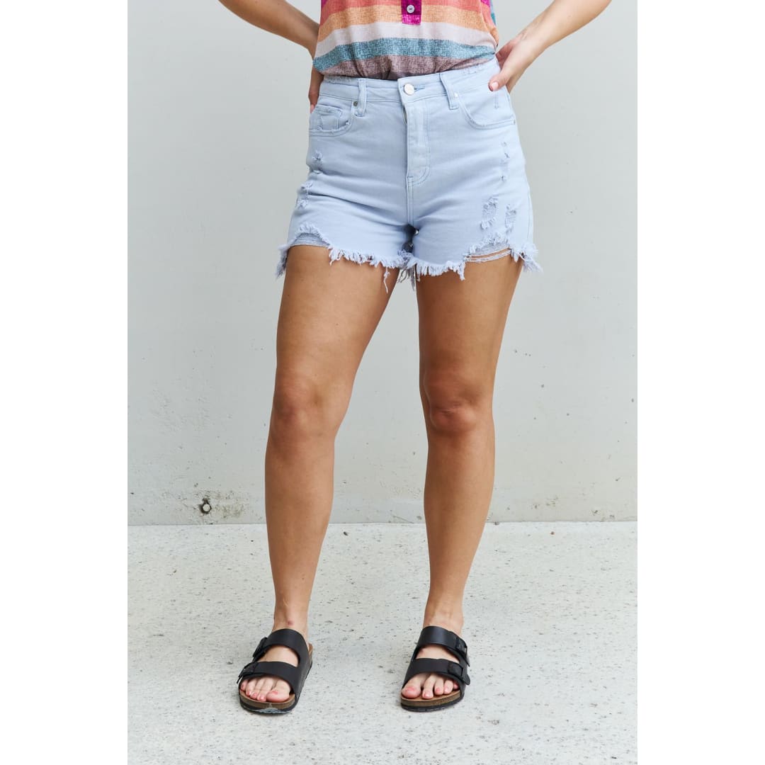 RISEN Katie Full Size High Waisted Distressed Shorts in Ice Blue | The Urban Clothing