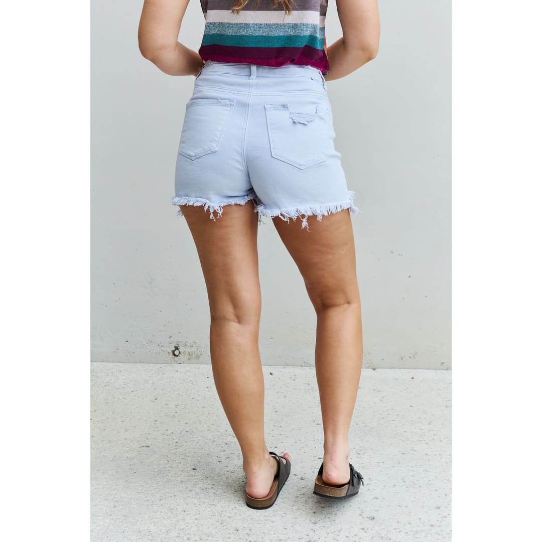 RISEN Katie Full Size High Waisted Distressed Shorts in Ice Blue | The Urban Clothing