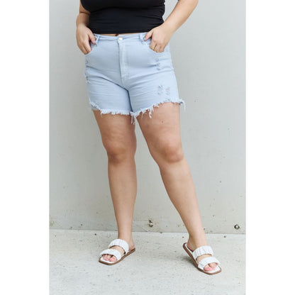 RISEN Katie Full Size High Waisted Distressed Shorts in Ice Blue | The Urban Clothing