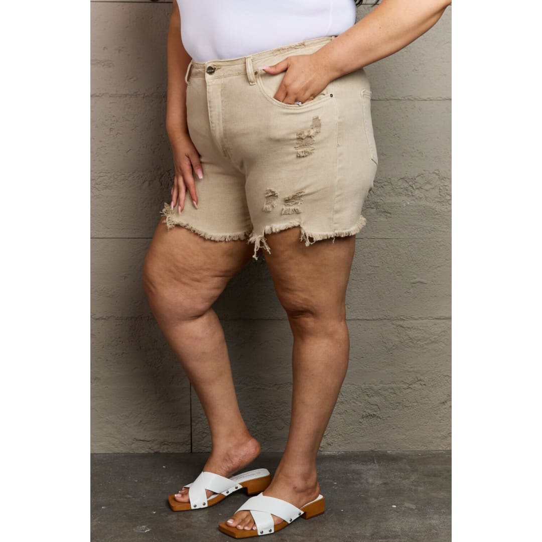 RISEN Katie Full Size High Waisted Distressed Shorts in Sand | The Urban Clothing Shop™