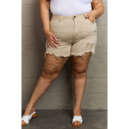 RISEN Katie Full Size High Waisted Distressed Shorts in Sand | The Urban Clothing Shop™