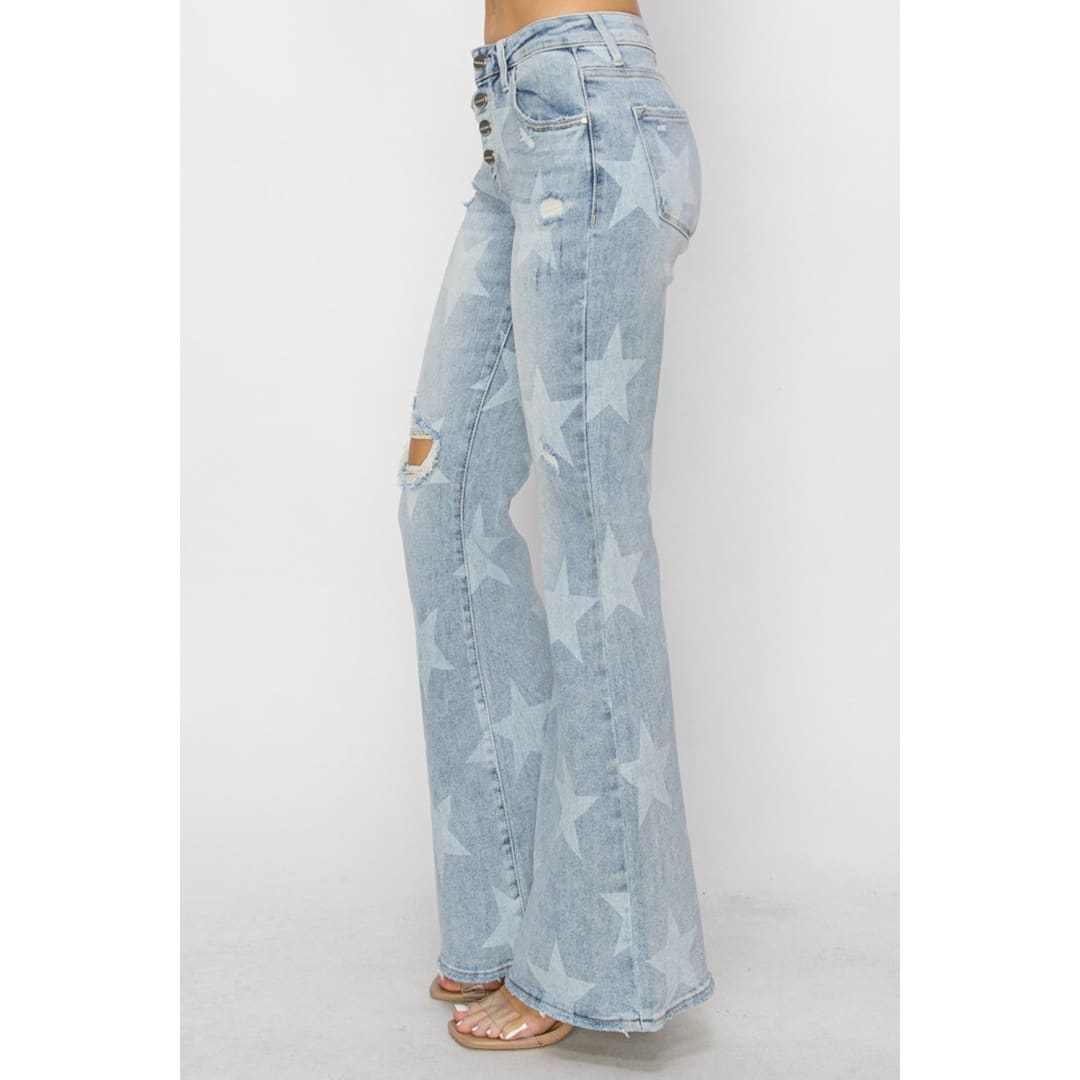 RISEN Mid Rise Button Fly Start Print Flare Jeans | The Urban Clothing Shop™