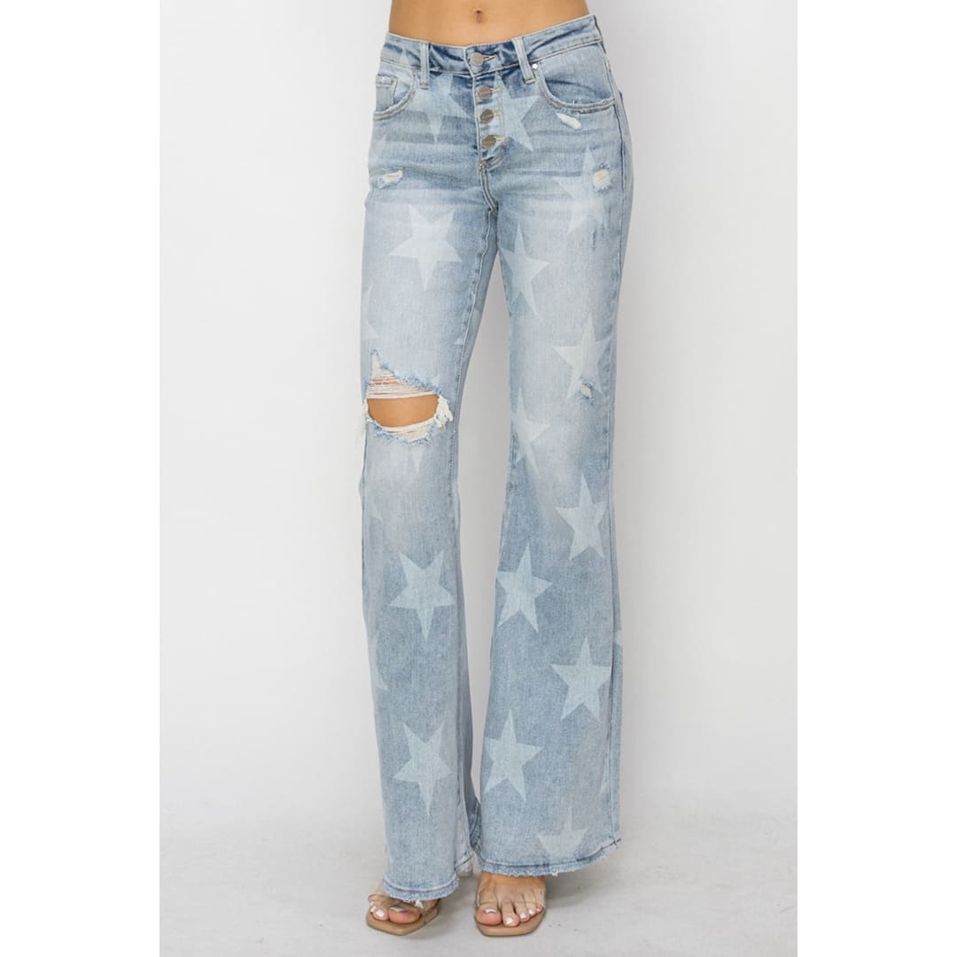 RISEN Mid Rise Button Fly Start Print Flare Jeans | The Urban Clothing Shop™