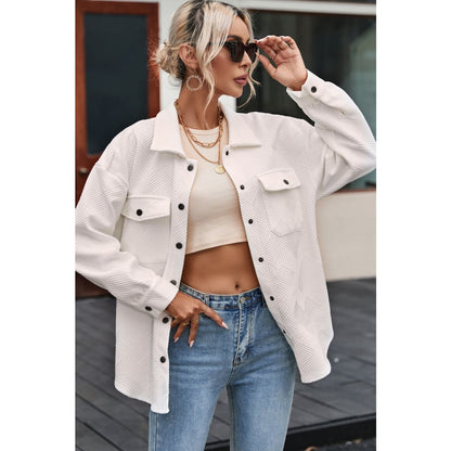 Rosalie Textured Flap Pocket Buttoned Shacket | Threaded Pear