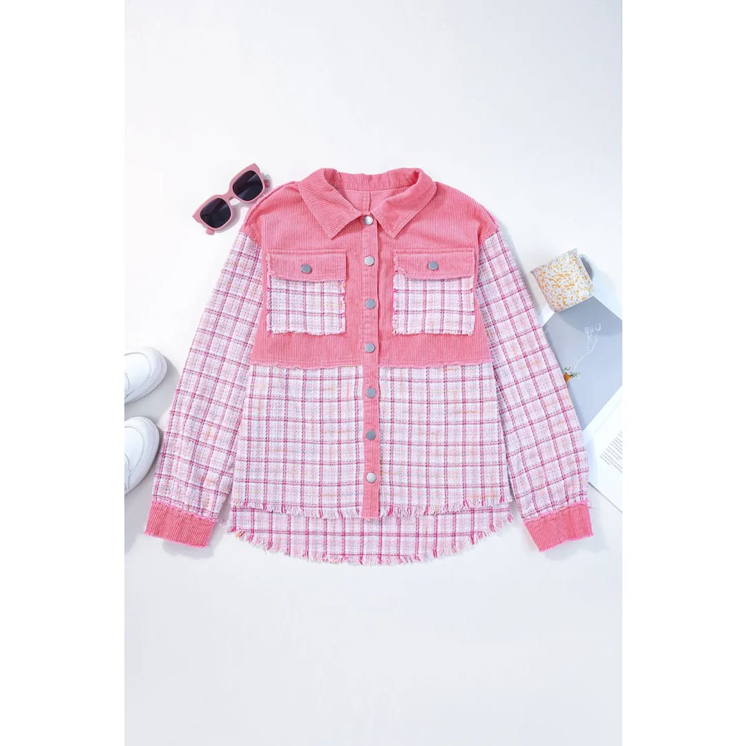 Rose Frayed Tweed Plaid Patchwork Buttoned Jacket | Fashionfitz