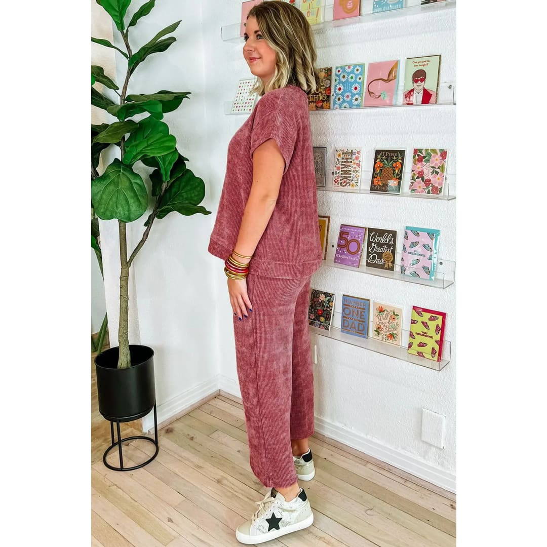 Rose Pink Mineral Wash Corduroy Short Sleeve and Crop Pants Set | Fashionfitz