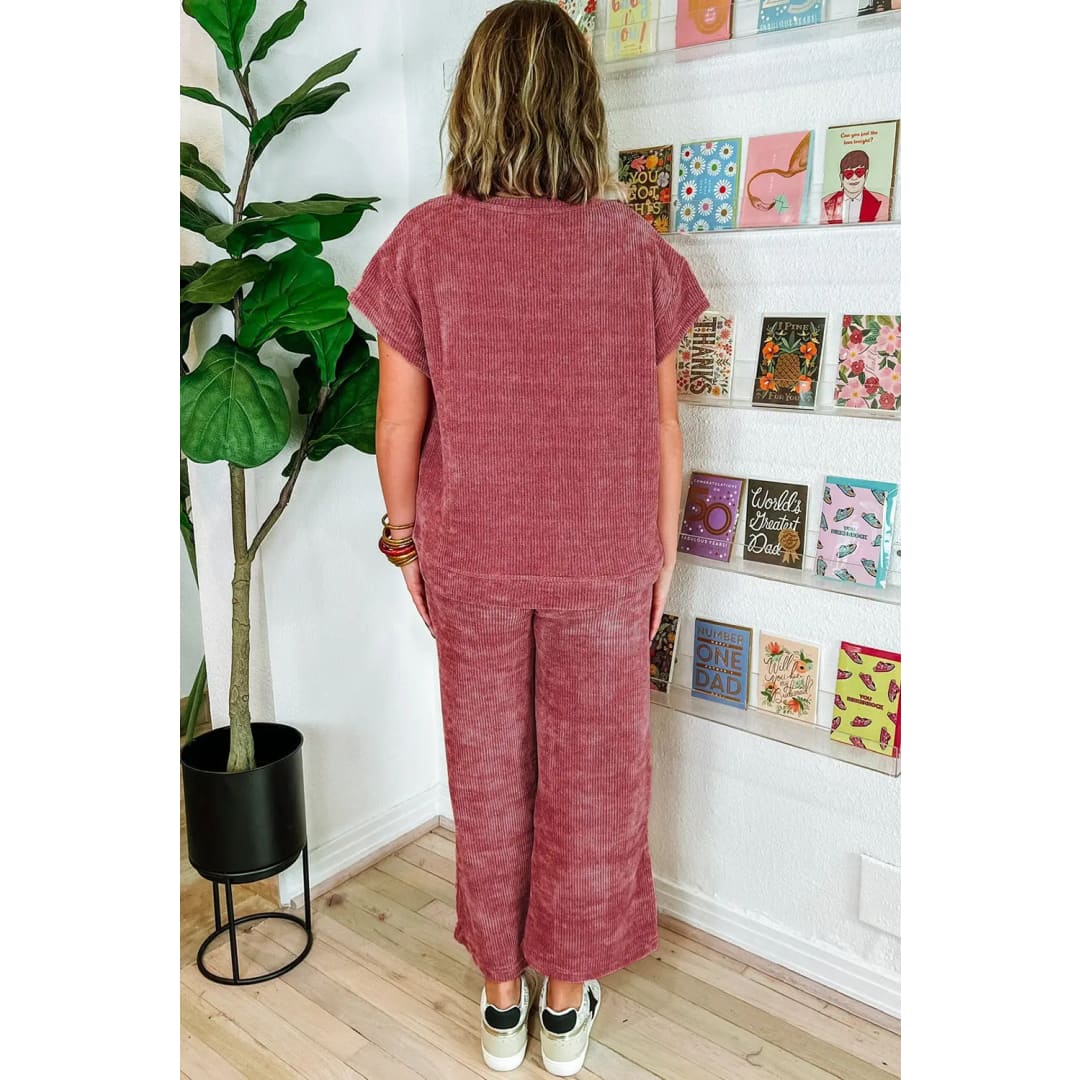 Rose Pink Mineral Wash Corduroy Short Sleeve and Crop Pants Set | Fashionfitz
