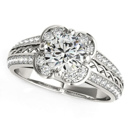 Round Diamond Floral Motif Engagement Ring in 14k White Gold (1 3/8 cttw) | Richard