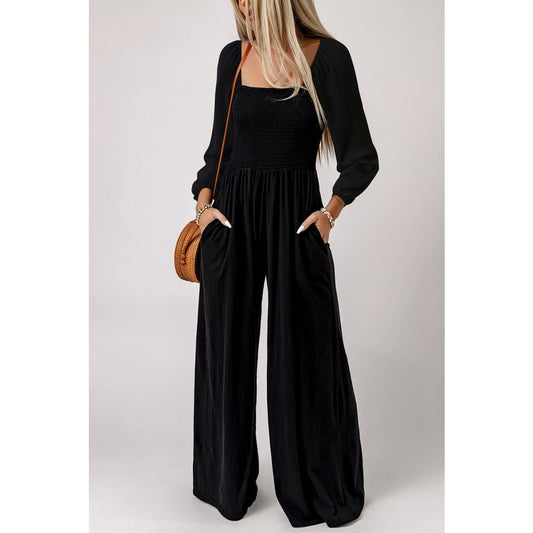 Ryleigh Smocked Square Neck Long Sleeve Wide Leg Jumpsuit | Threaded Pear