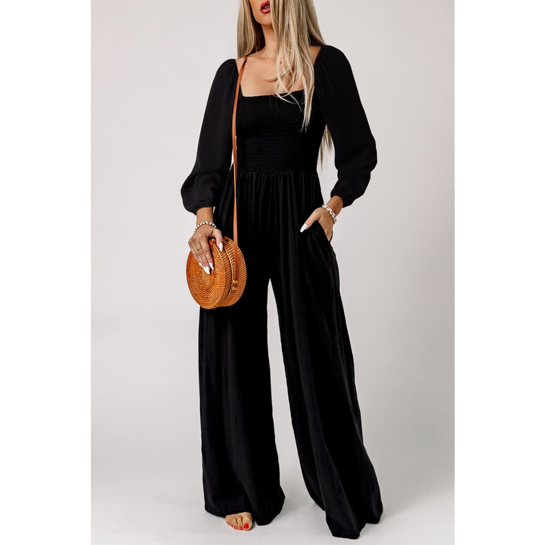 Ryleigh Smocked Square Neck Long Sleeve Wide Leg Jumpsuit | Threaded Pear