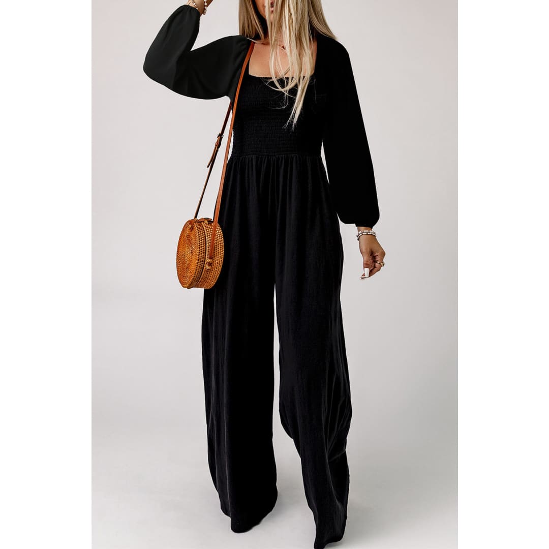 Ryleigh Smocked Square Neck Long Sleeve Wide Leg Jumpsuit | Threaded Pear