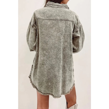 Sage Green Acid Wash Flap Pocket Raw Hem Tunic Denim Jacket | Fashionfitz