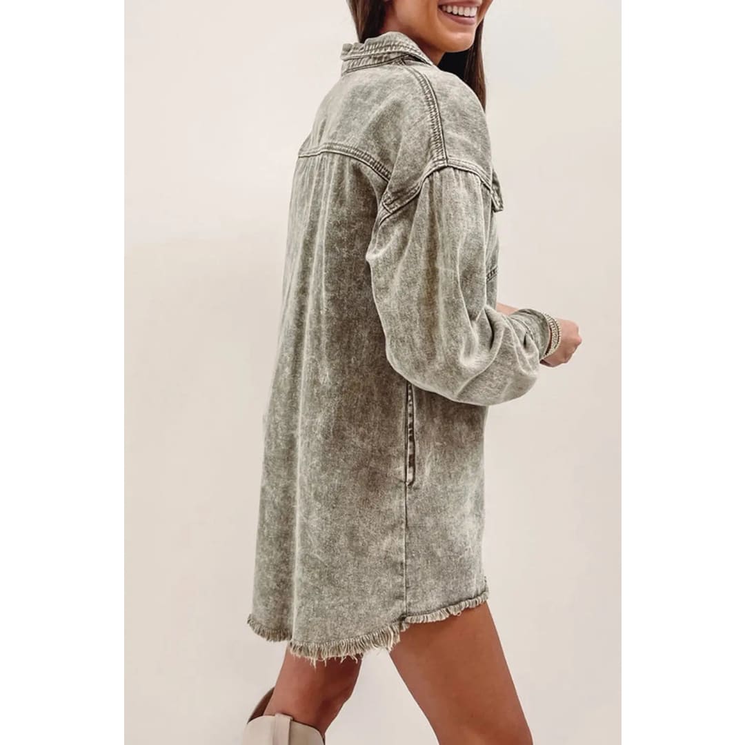 Sage Green Acid Wash Flap Pocket Raw Hem Tunic Denim Jacket | Fashionfitz