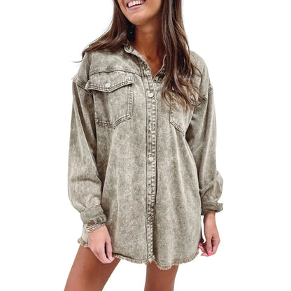 Sage Green Acid Wash Flap Pocket Raw Hem Tunic Denim Jacket | Fashionfitz