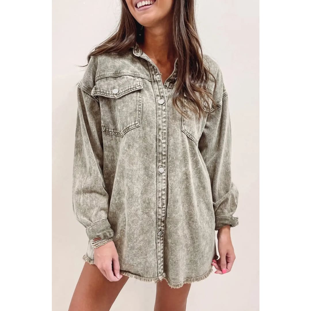 Sage Green Acid Wash Flap Pocket Raw Hem Tunic Denim Jacket | Fashionfitz