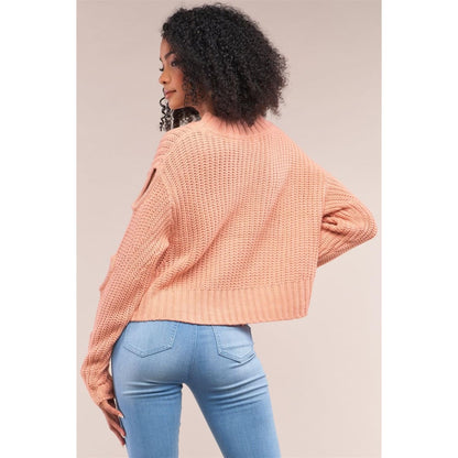 Salmon Round Neck Long Cut-Out Detail Sleeve Cable Knit Cropped Sweater | Uniq