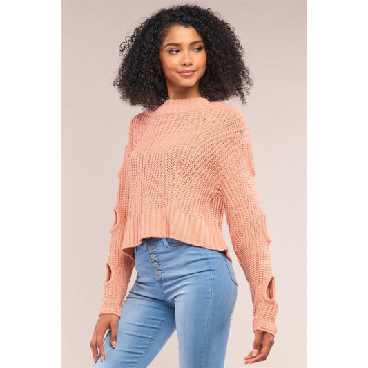 Salmon Round Neck Long Cut-Out Detail Sleeve Cable Knit Cropped Sweater | Uniq