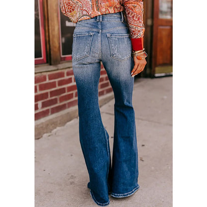 Sky Blue Button Fly Ripped High Waist Flare Jeans | Fashionfitz
