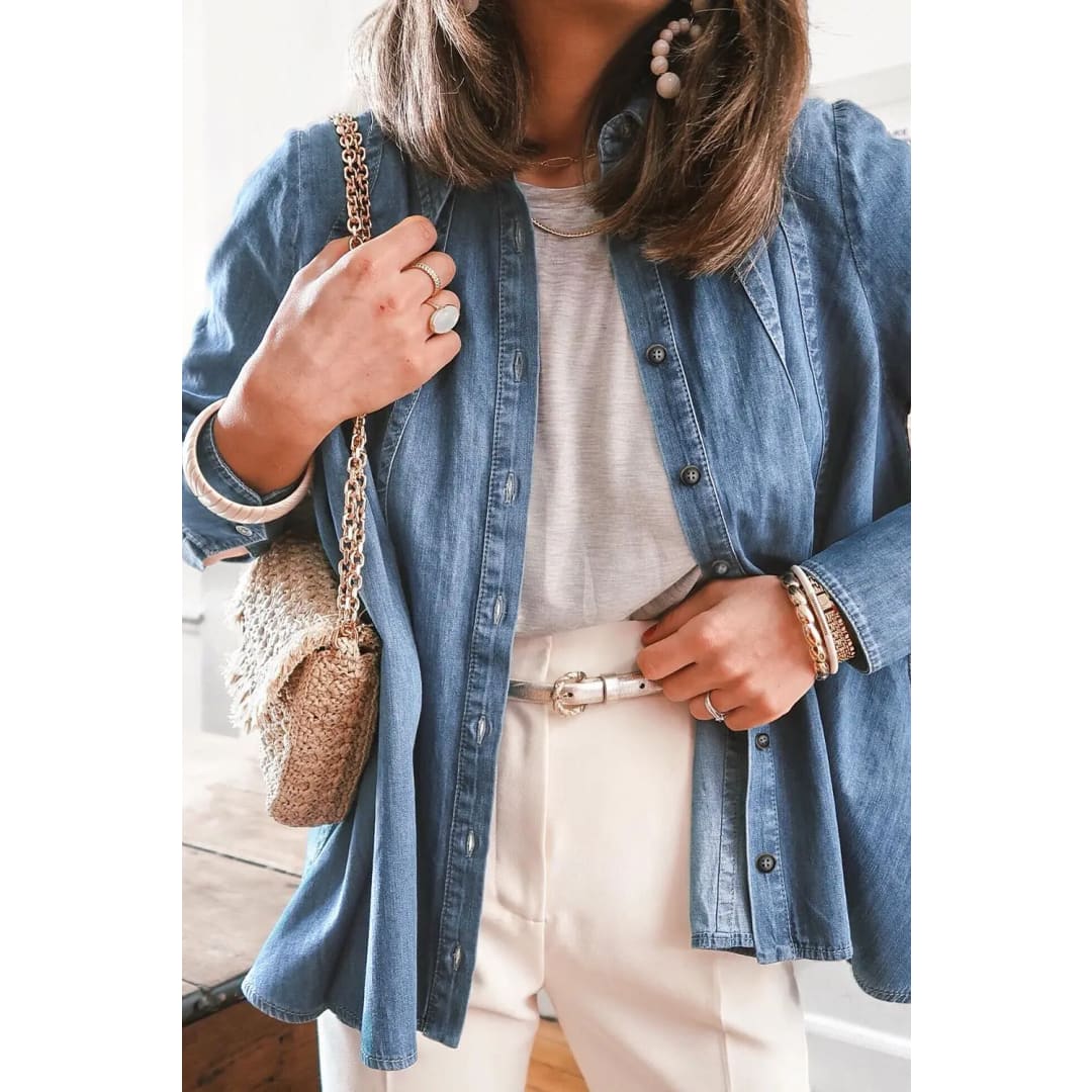 Sky Blue Button-up Long Sleeve Denim Shirt Jacket | Fashionfitz
