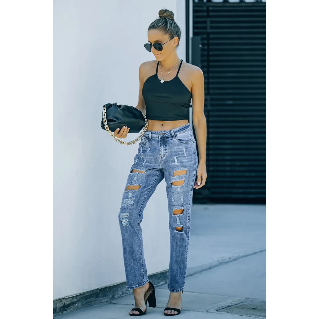 Sky Blue Buttoned Pockets Distressed Jeans | Fashionfitz