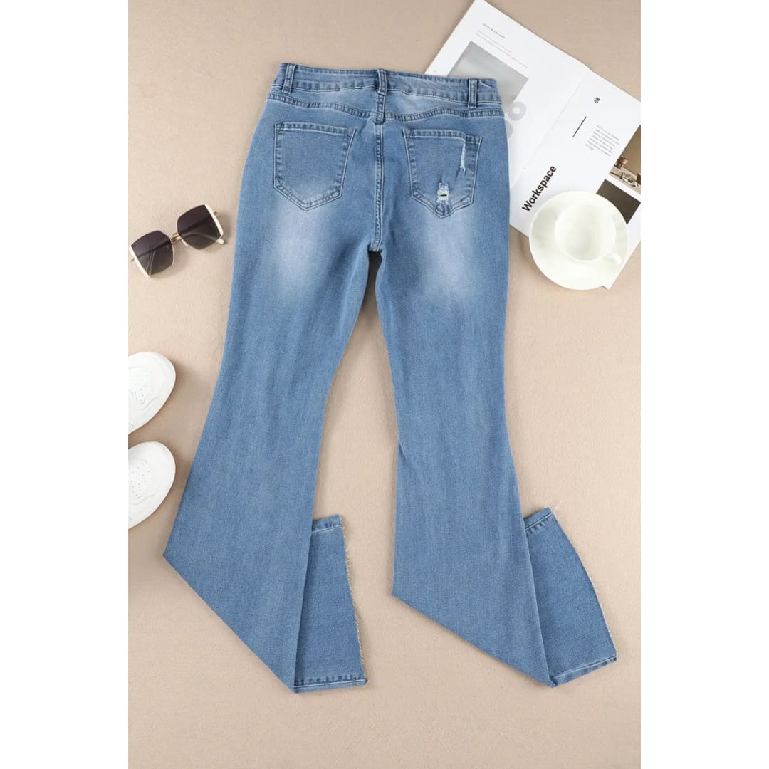 Sky Blue Dark Wash Mid Rise Flare Jeans | Fashionfitz