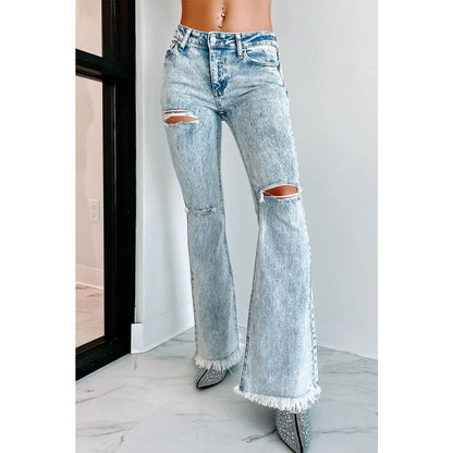 Sky Blue Distressed Acid Wash Flare Jeans | Fashionfitz