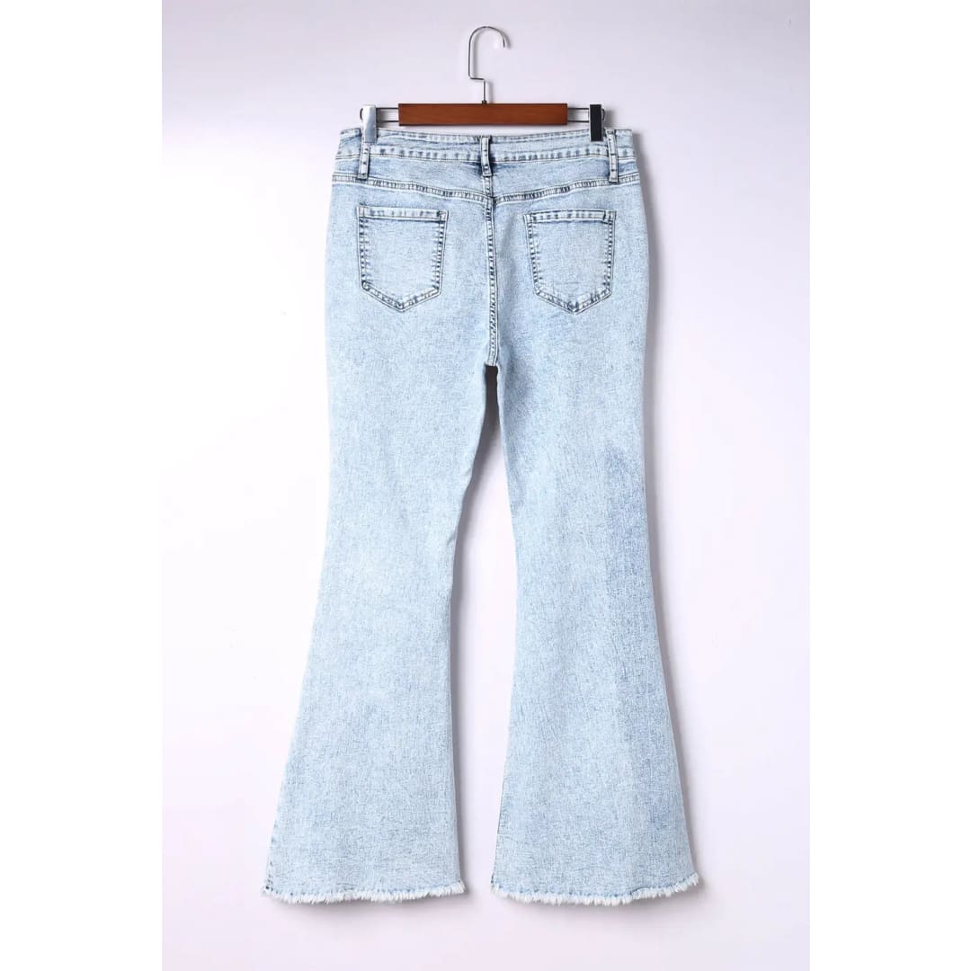 Sky Blue Distressed Acid Wash Flare Jeans | Fashionfitz