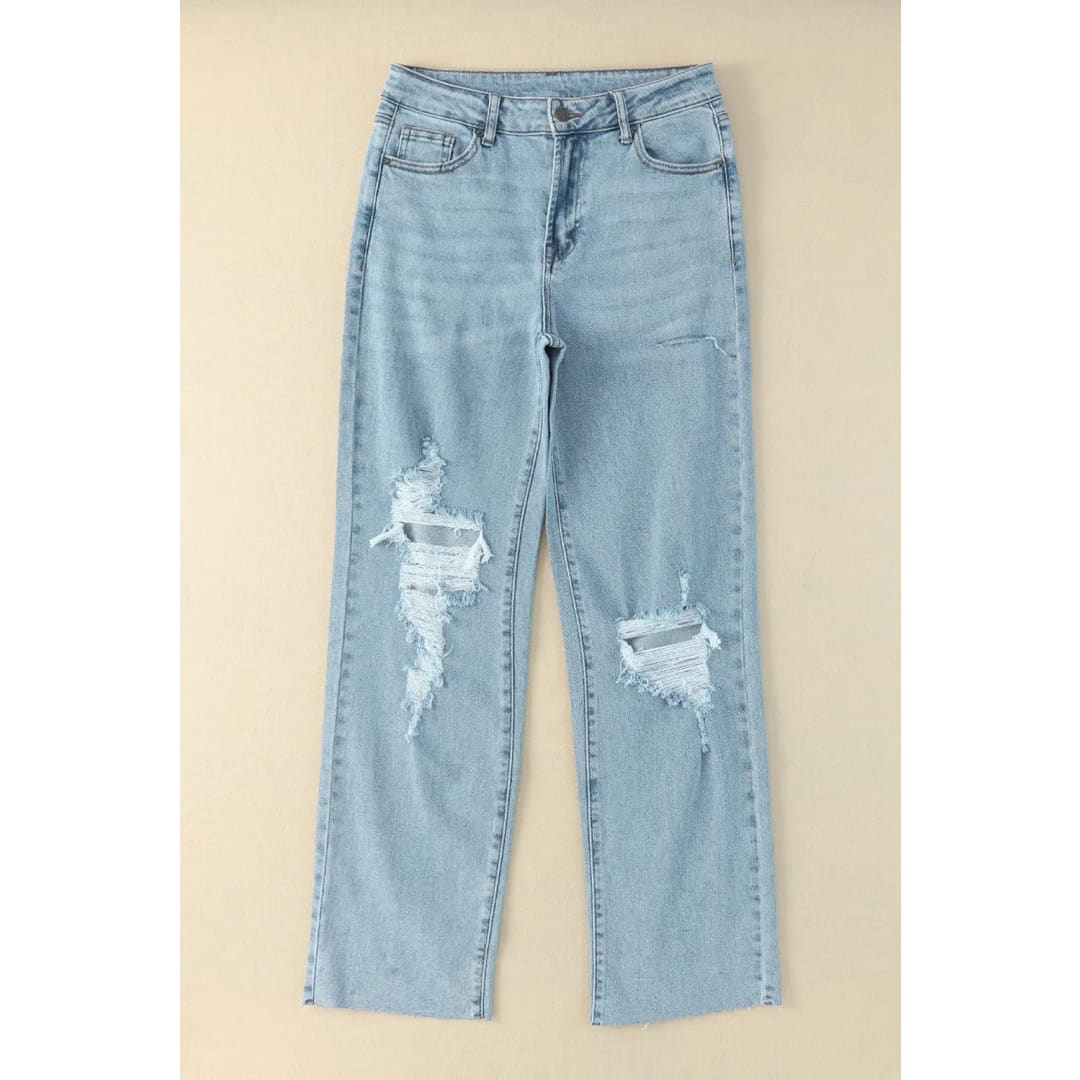 Sky Blue Distressed Frayed Hem Holed Straight Leg Loose Jeans | Fashionfitz
