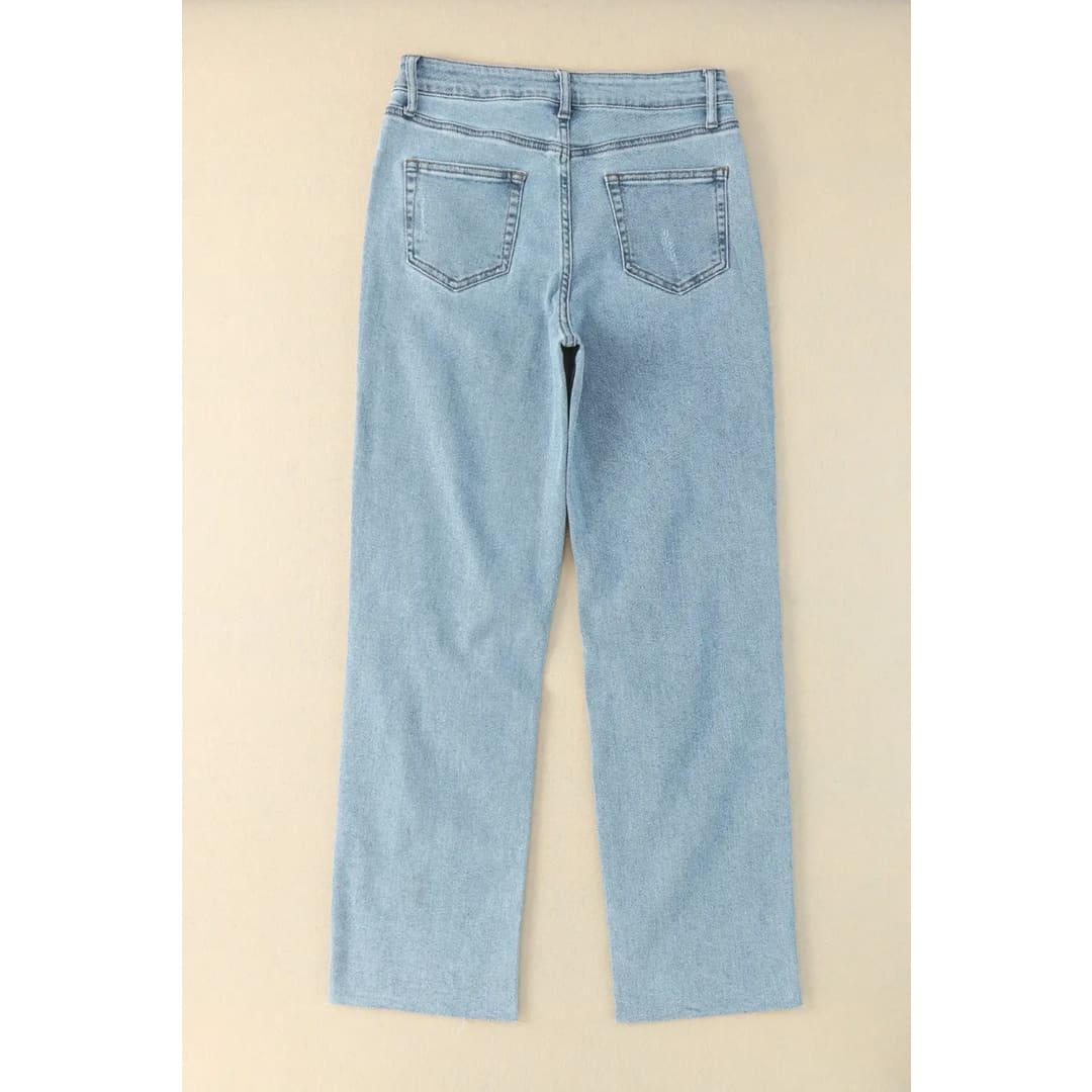 Sky Blue Distressed Frayed Hem Holed Straight Leg Loose Jeans | Fashionfitz