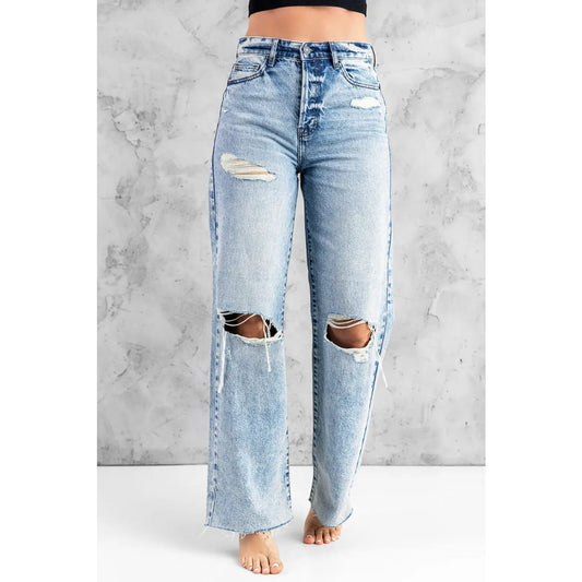 Sky Blue Distressed Hollow-out Knees Wide Leg Jeans | Fashionfitz