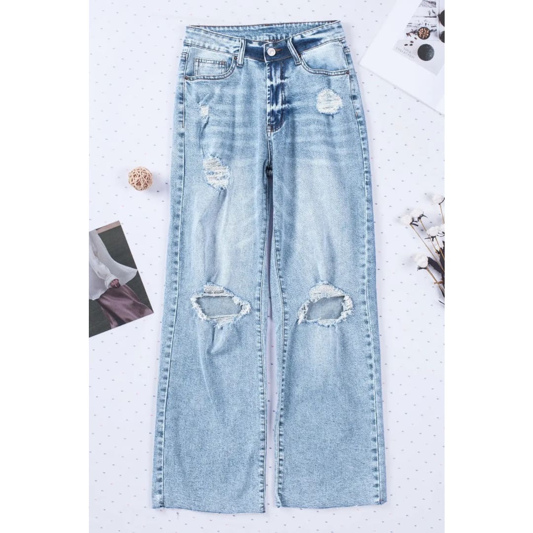 Sky Blue Distressed Hollow-out Knees Wide Leg Jeans | Fashionfitz