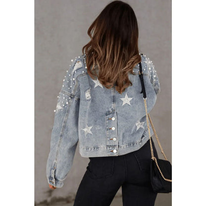 Sky Blue Distressed Pearls Star Cropped Denim Jacket | Fashionfitz