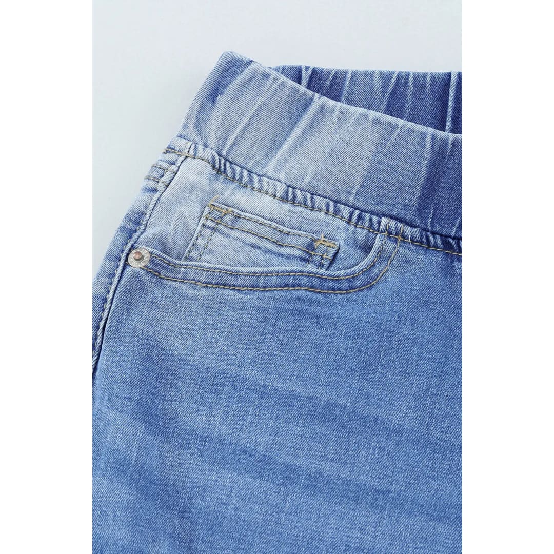 Sky Blue Drawstring Elastic Waist Hole Ripped Jeans | Fashionfitz