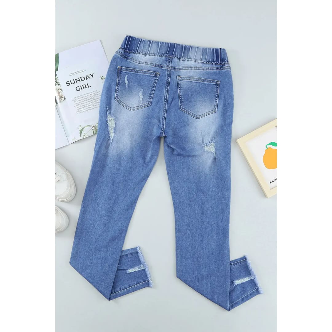 Sky Blue Drawstring Elastic Waist Hole Ripped Jeans | Fashionfitz